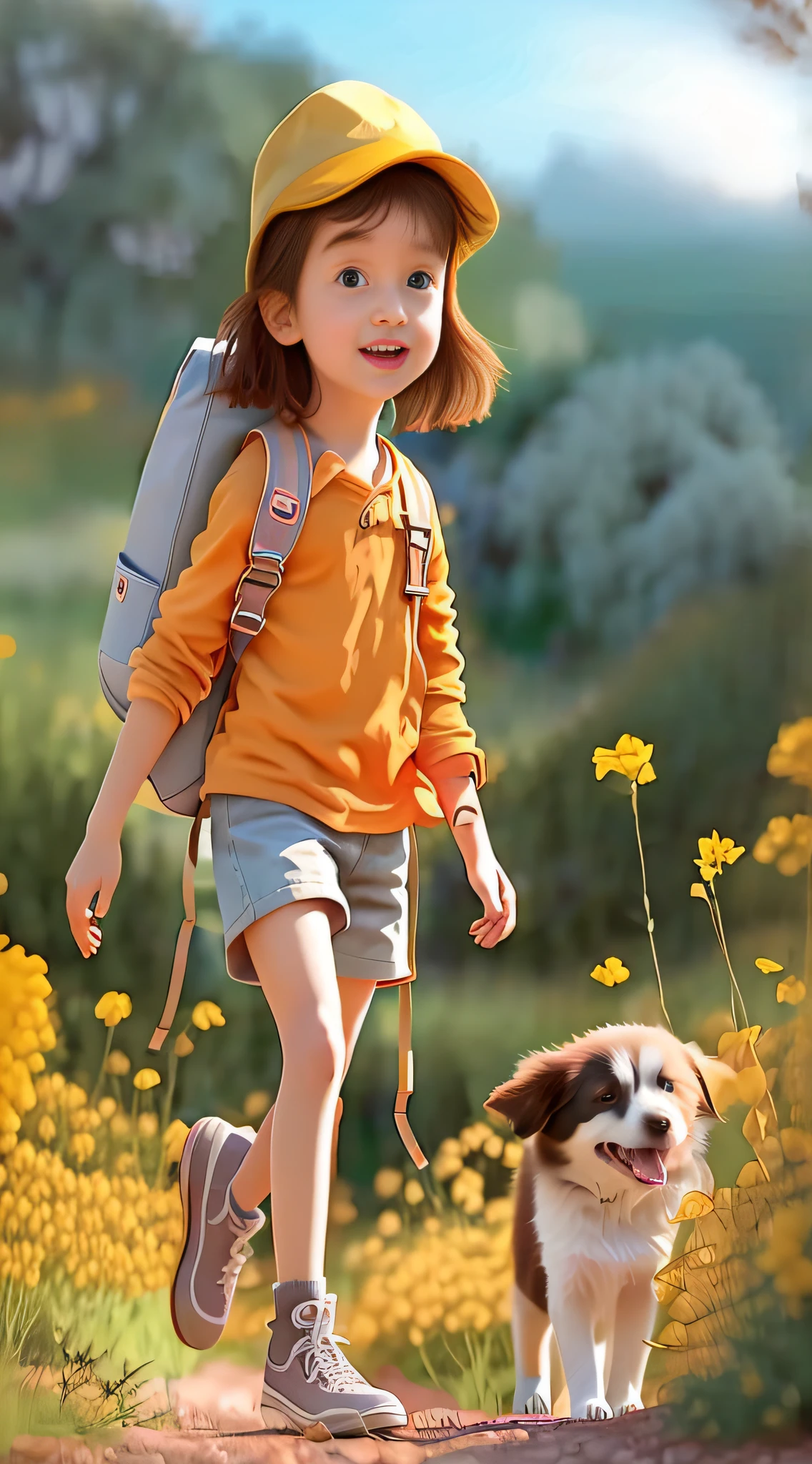 A very charming little girl with a backpack and her cute border collie puppy enjoying a lovely spring outing surrounded by beautiful yellow flowers and nature. The illustration is a high-definition illustration in 4K resolution with highly detailed facial features and cartoon-style visuals.