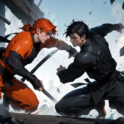 Battle scene between two 30-year-old ninjas with muscular orange hair and other black hair