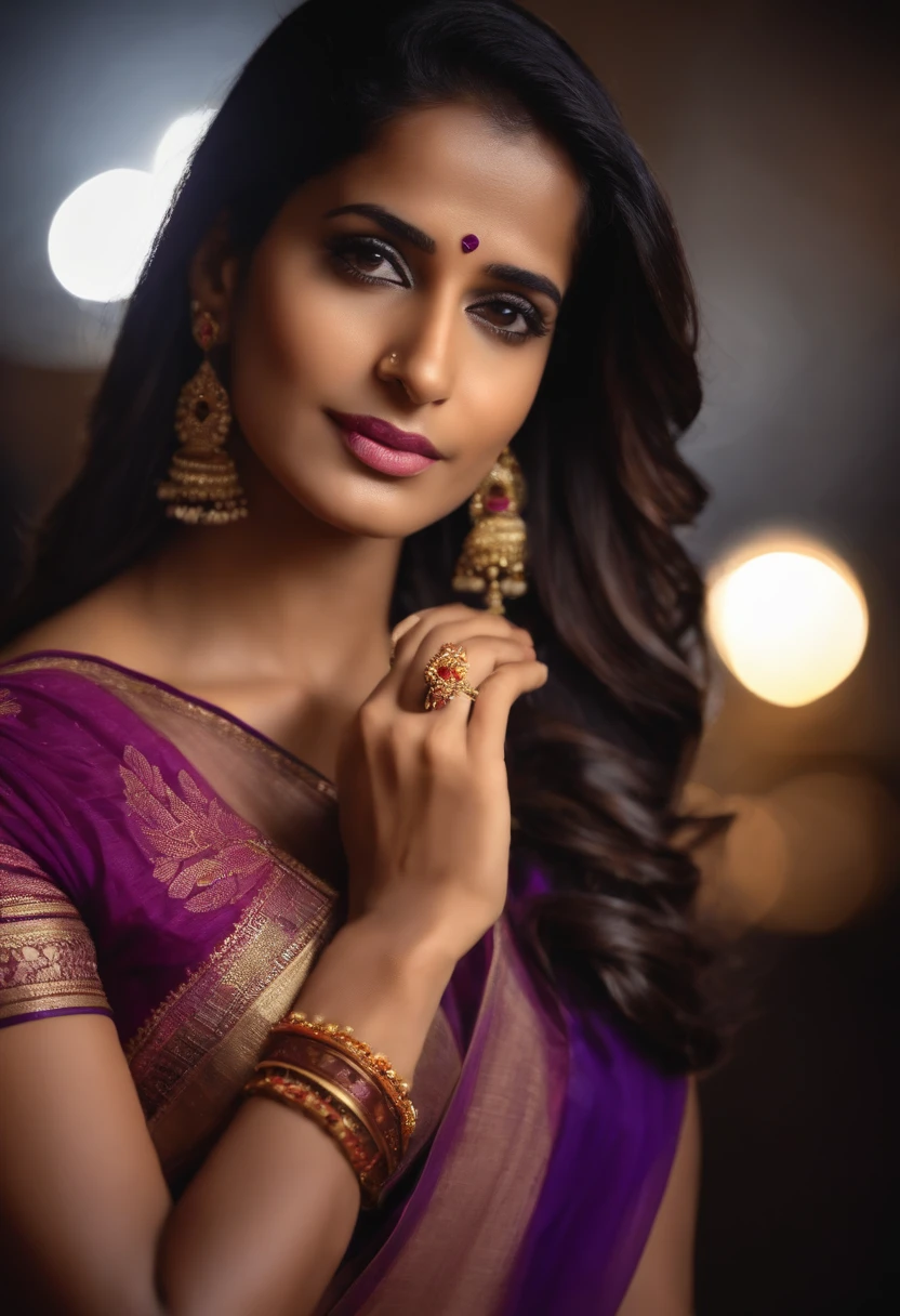 Poonam Pandey, close potrait, wearing purple saree, capative looking ...