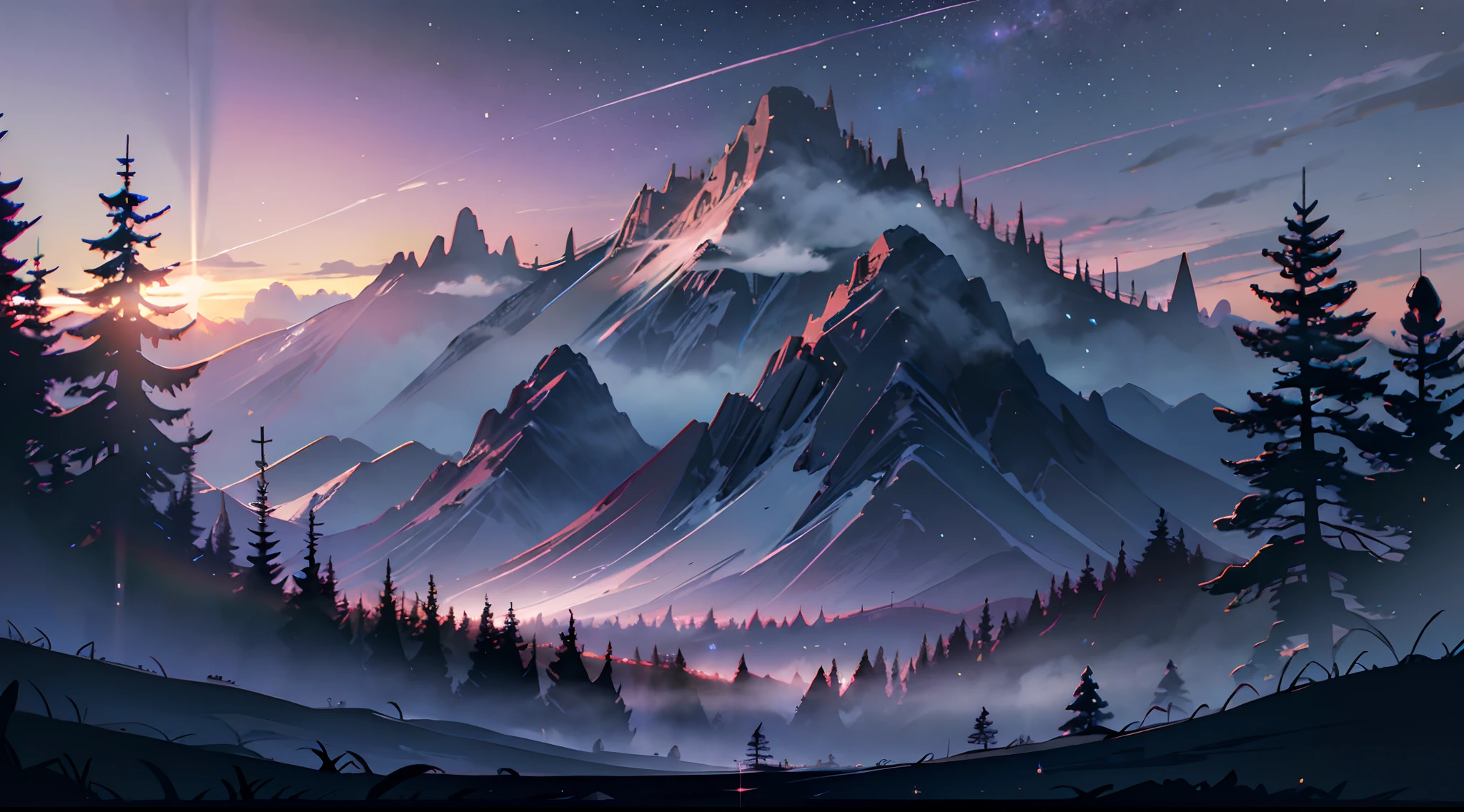 sunset, forest, trees, fog , meadows, sunset, dark purple sky, stars, clouds, 4k, stunning, sharp, intricate details, (high resolution: 1.5), saturated, high contrast, sharp high contrast mountains, lots of stars, aurora borealis, cosmic dust