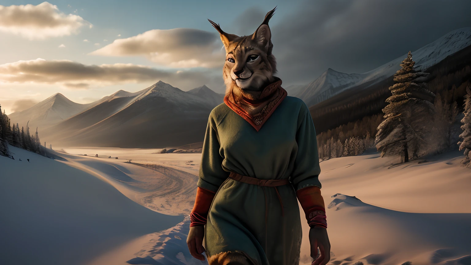 (best quality,4k,8k,highres,masterpiece:1.2),ultra-detailed,(realistic,photorealistic,photo-realistic:1.37), Khajiit, woman, seductive fitness body, grey fur, lynx ears, walking, mountains, snow, mystical atmosphere, vibrant colors, sunset lighting, elegant pose, majestic landscape, cool tones