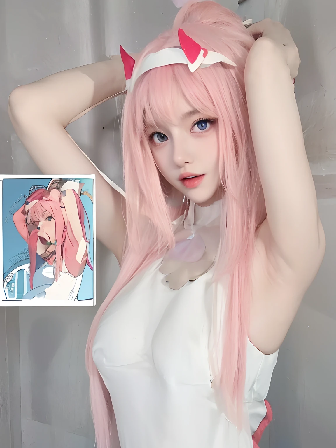 Anime girl with pink hair and a white top posing for a picture - SeaArt AI