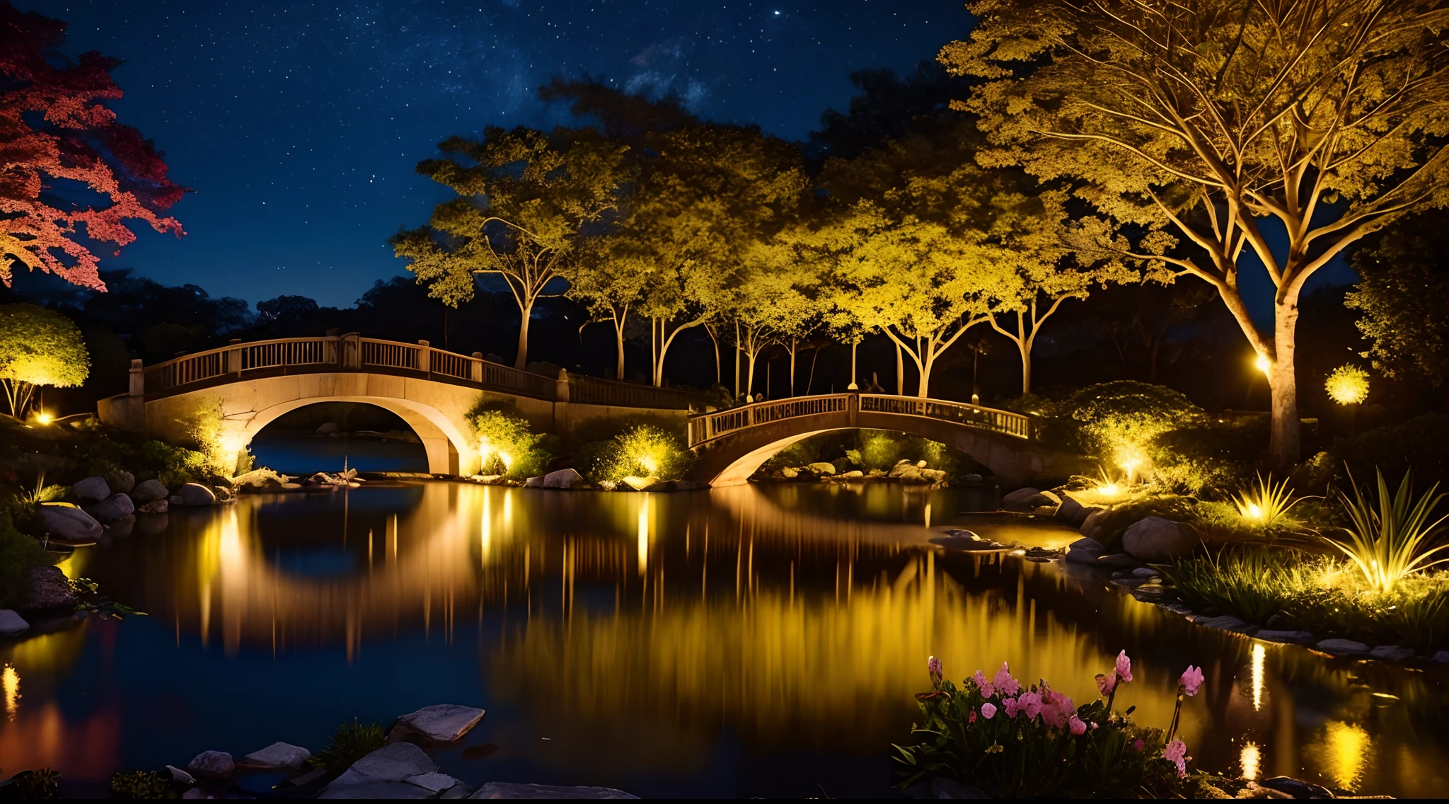 There is a garden with a pond and a bridge, jardim com varias flores coloridas e arvores, um lago no meio dividindo a paisagem em duas, uma ponte que liga as duas extreminadades, ambiente noturno, noite das estrelas, lua brilhante, great quality, dynamic light, dynamic shadows, fotografia profissional, melhor qualidade, paisagem dos sonhos, divine lighting, Fantastic lighting, Jardim encantado, noite encantada, luzes irradiantes e coloridas, luzes misticas