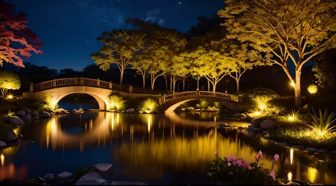 there is a garden with a pond and a bridge, jardim com varias flores coloridas e arvores, um lago no meio dividindo a paisagem e...