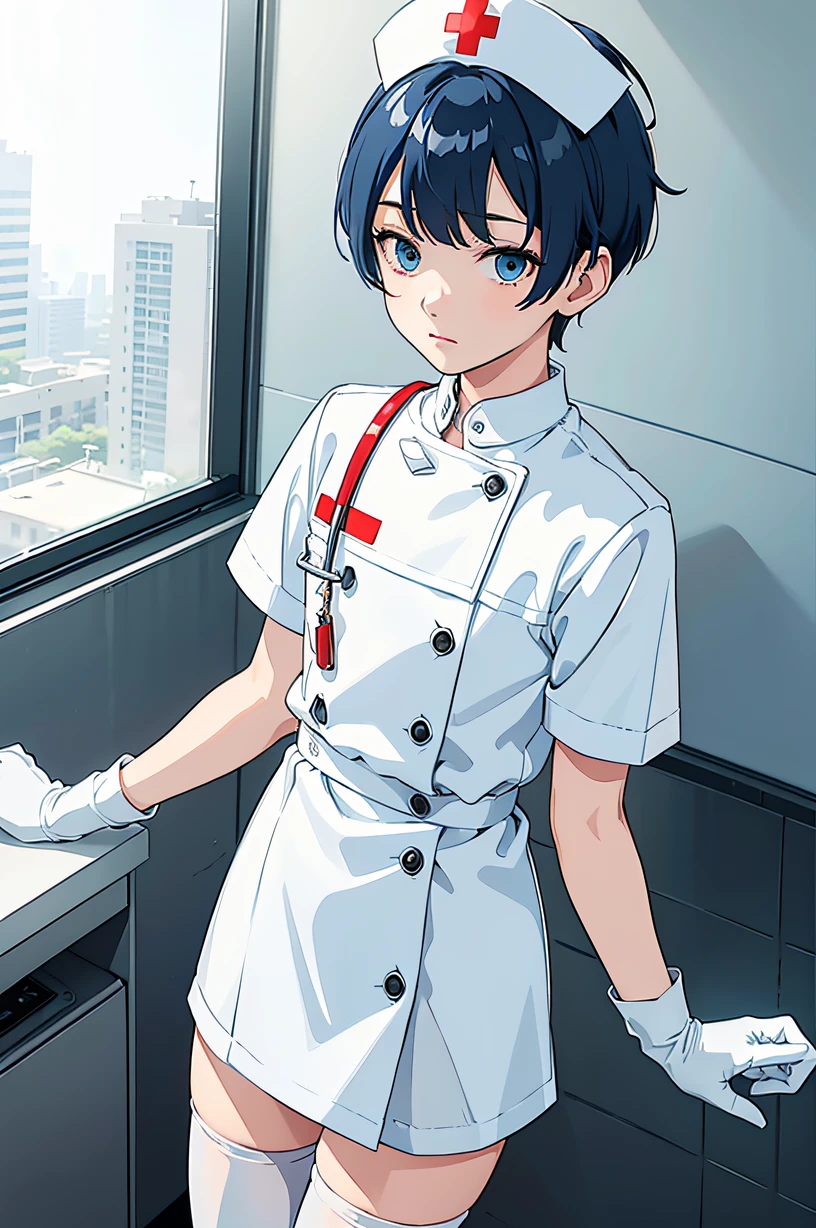 1boy, male focus, nurse, nurse cap, white wear, ((white legwear, zettai ryouiki)), white gloves, bobcut, blue hair, standing, ((hospital room)), sharp outline, short sleeves, shota, 12 years old, best quality, masterpiece