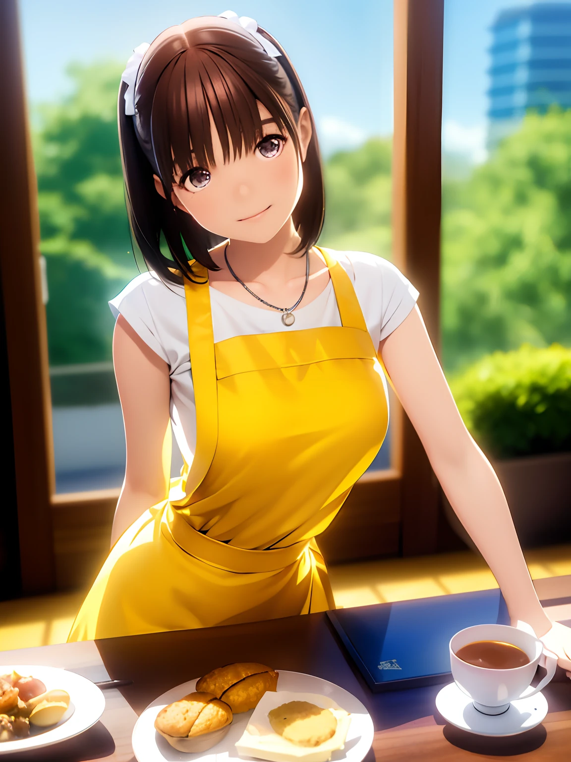 hight resolution,in 8K,Best Quality,detaileds,semi - realistic anime,Anime 3D Style,Smooth Anime CG,1 girl in,20 year old woman in Japan,slim,modeled,shiny chestnut hair,Medium Hair,Detailed face,Beautiful and detailed eyes,Glowing skin,(Yellow Apron Dress:1.2),a necklace,(Daytime),kitchin,Shot in front of the window,Blurry background,(Full body shot:1.2)