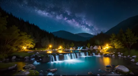 fotografia de paisagem expansiva, montanhas distantes, magical montagas with waterfall of bright waters, illuminated water, (a v...