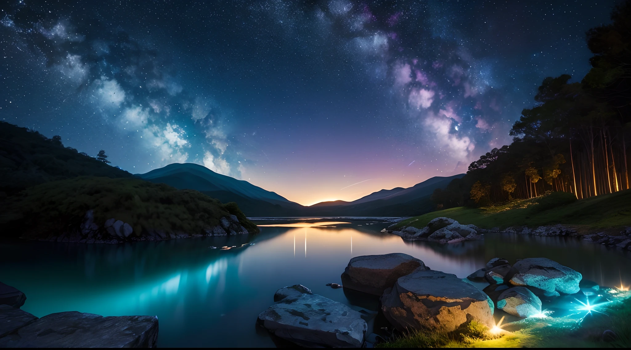 fotografia de paisagem expansiva, montanhas distantes, magical montagas with waterfall of bright waters, illuminated water, (a view from below that shows the sky above and the open field below),  (lua cheia: 1.2), (estrelas cadentes: 0.9), (nebulosa: 1.3), montanha distante , (fonte de luz quente: 1.2), (Firefly: 1.2), lamp, muito roxo, detalhes complexos, volumeric lighting  (obra-prima: 1.2), (melhor qualidade), 4k, ultradetalhado , (dynamic compositing: 1.4), detalhes coloridos altamente detalhados (cores iridescentes: 1.2), (bright illumination, Atmospheric Illumination), sonhador, magica, (solo: 1.2)