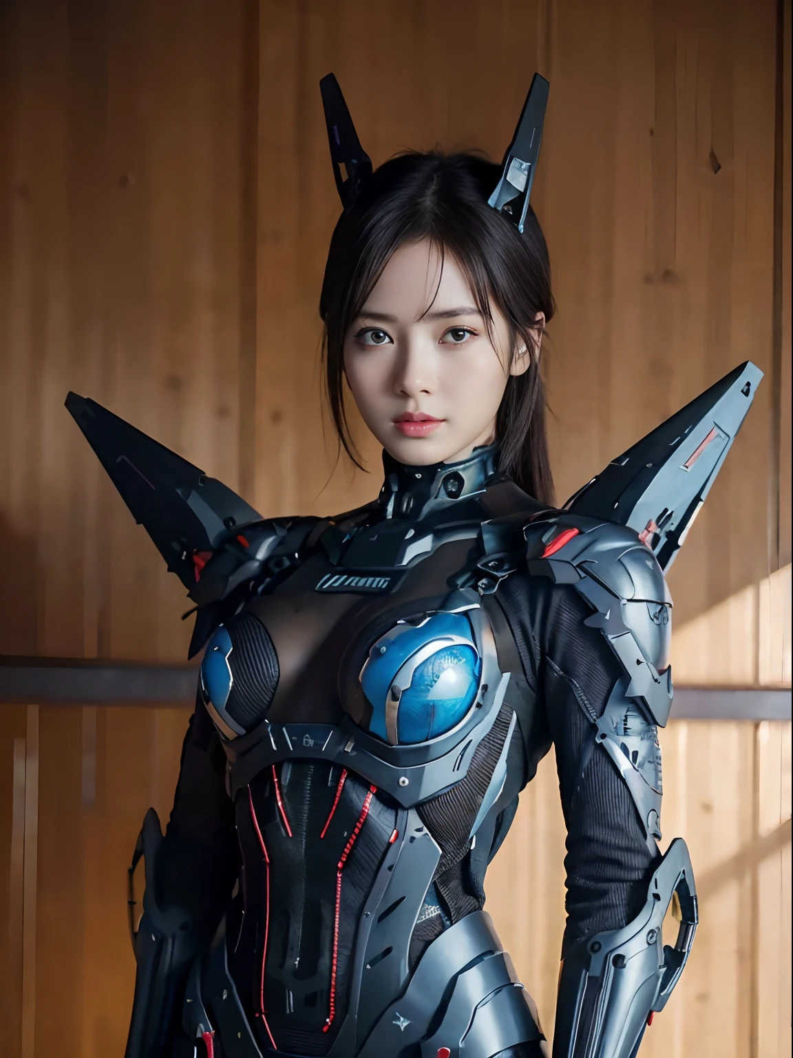 （Fight against mechanical robot soldiers）、top-quality、​masterpiece、超A high resolution、(sexypose),（Wearing a futuristic sun visor）、(Photorealsitic:1.4)、Raw photo、女の子1人、Black hair、glowy skin、((1 Mechanical Girl))、((super realistic details))、portlate、（Small LED lamp）、Wire tubes that glow all over the body、(With state-of-the-art weapons),globalillumination、Shadow、octan render、8K、Armpit、ultrasharp、Colossal 、Small LED lamp、Raw skin is exposed in cleavage、metals、blood vessels connected to tubes、With weapons、Red bodysuit、Armpit、Cyberpunk city background、Details of complex ornaments、Japan details、highly intricate detail、Realistic light、CGSoation Trends、Blue eyes、radiant eyes、Facing the camera、neon details、（Helmet of the Brave）、Mechanical limbs、blood vessels connected to tubeechanical vertebrae attached to the back、mechanical cervical attaching to neck、Wires and cables connecting to the head、Gundam、Small LED lamp、Toostock、Toostock、Futuristic machine gun、Knives、