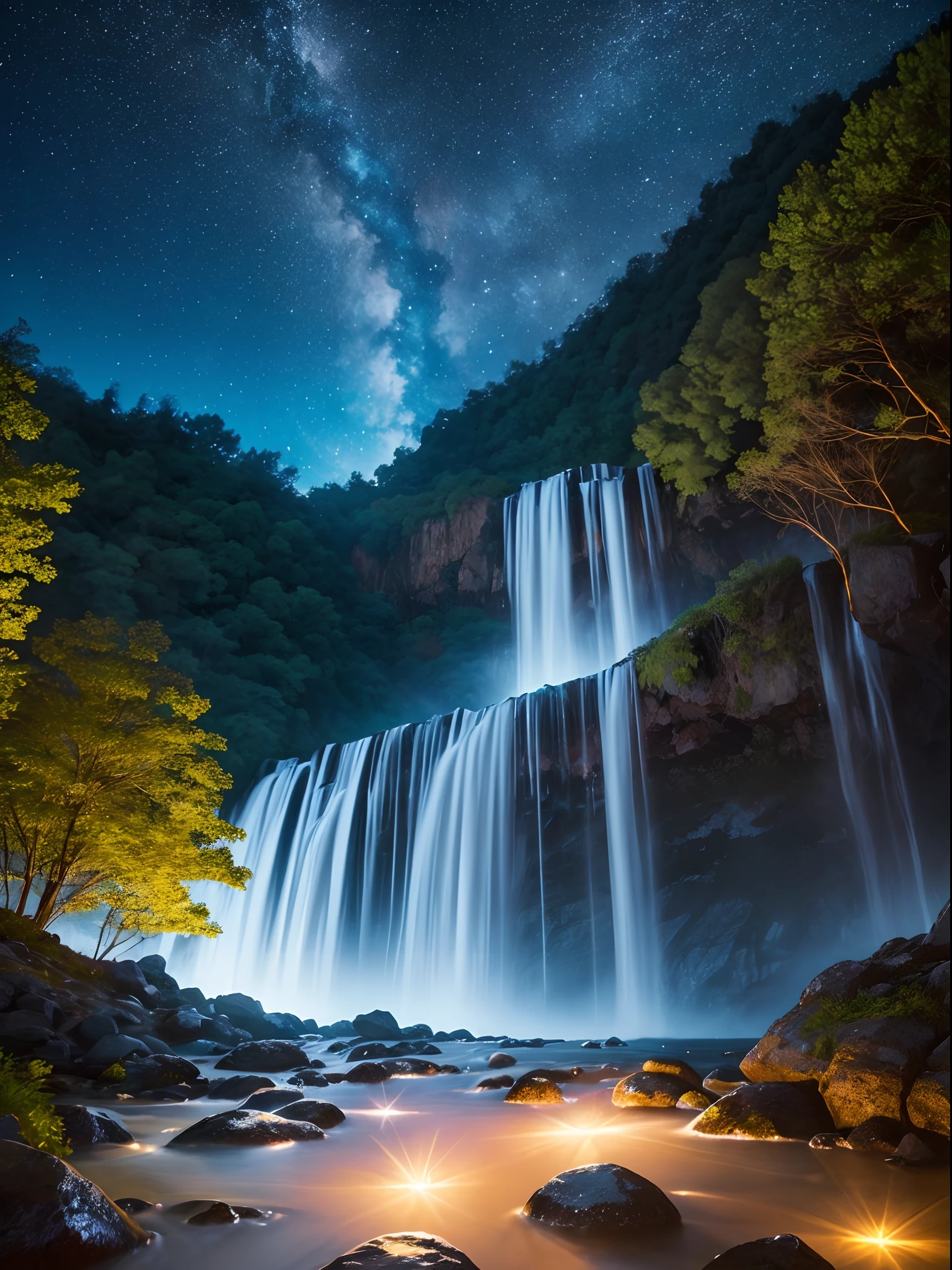 fotografia de paisagem expansiva, montanhas distantes, magical montagas with waterfall of bright waters, illuminated water, (a view from below that shows the sky above and the open field below), (lua cheia: 1.2), (estrelas cadentes: 0.9), (nebulosa: 1.3), montanha distante , (fonte de luz quente: 1.2), (Firefly: 1.2), lamp, muito roxo, detalhes complexos, volumeric lighting (obra-prima: 1.2), (melhor qualidade), 4k, ultradetalhado , (dynamic compositing: 1.4), detalhes coloridos altamente detalhados (cores iridescentes: 1.2), (bright illumination, Atmospheric Illumination), sonhador, magica, (solo: 1.2)