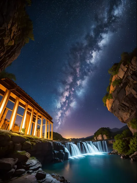 fotografia de paisagem expansiva, montanhas distantes, magical montagas with waterfall of bright waters, illuminated water, (a v...