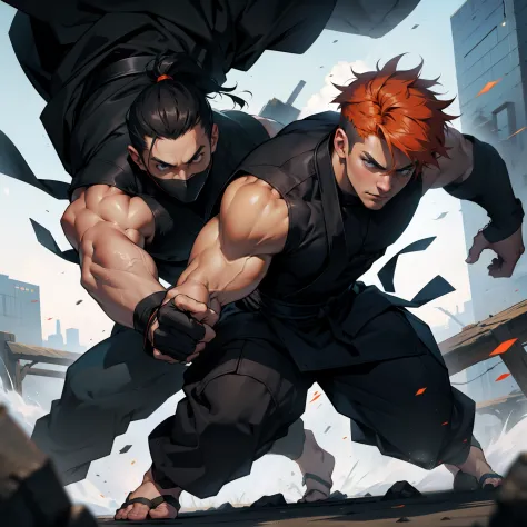 Battle scene between two 30-year-old ninjas with muscular orange hair and other black hair