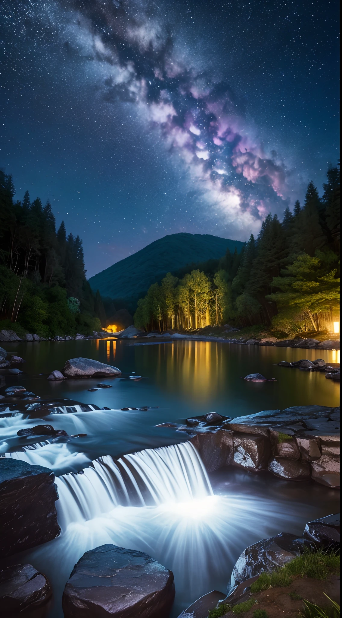 fotografia de paisagem expansiva, montanhas distantes, magical montagas with waterfall of bright waters, illuminated water, (a view from below that shows the sky above and the open field below), (lua cheia: 1.2), (estrelas cadentes: 0.9), (nebulosa: 1.3), montanha distante , (fonte de luz quente: 1.2), (Firefly: 1.2), lamp, muito roxo, detalhes complexos, volumeric lighting (obra-prima: 1.2), (melhor qualidade), 4k, ultradetalhado , (dynamic compositing: 1.4), detalhes coloridos altamente detalhados (cores iridescentes: 1.2), (bright illumination, Atmospheric Illumination), sonhador, magica, (solo: 1.2)