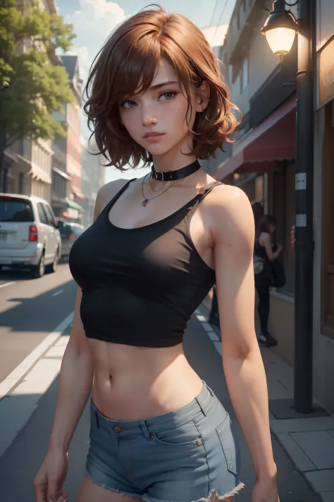 ((medium breast, tomboy girls, small head)), daylight, sunlight, (chiseled abs : 1.1), (perfect body : 1.1), (short wavy hair : ...