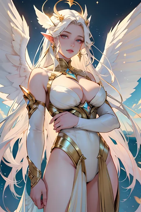 Um anjo, of a celestial entity that has no human characteristics. This divine entity is to be represented as an ethereal and transcendental being. She must have a radiant and ethereal body, composed of interlaced golden rings and 12 white moth white wings,...