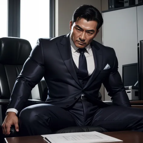 50 years old,daddy,shiny suit sit down,k hd,in the office,muscle, gay ,black hair,asia face,masculine,strong man,the boss is sit...