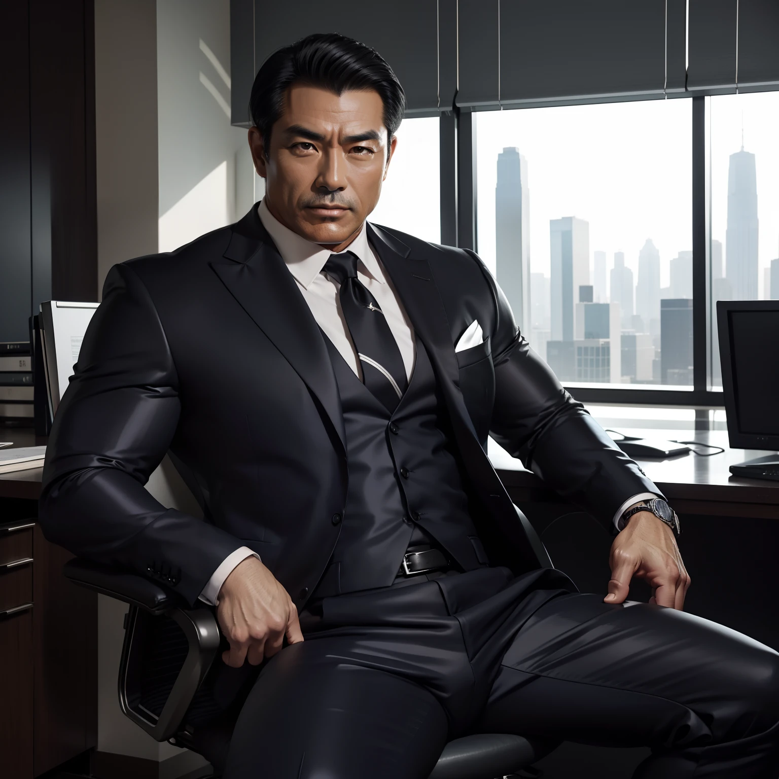 50 years old,daddy,shiny suit sit down,k hd,in the office,muscle, gay ,black hair,asia face,masculine,strong man,the boss is sitting so sexy