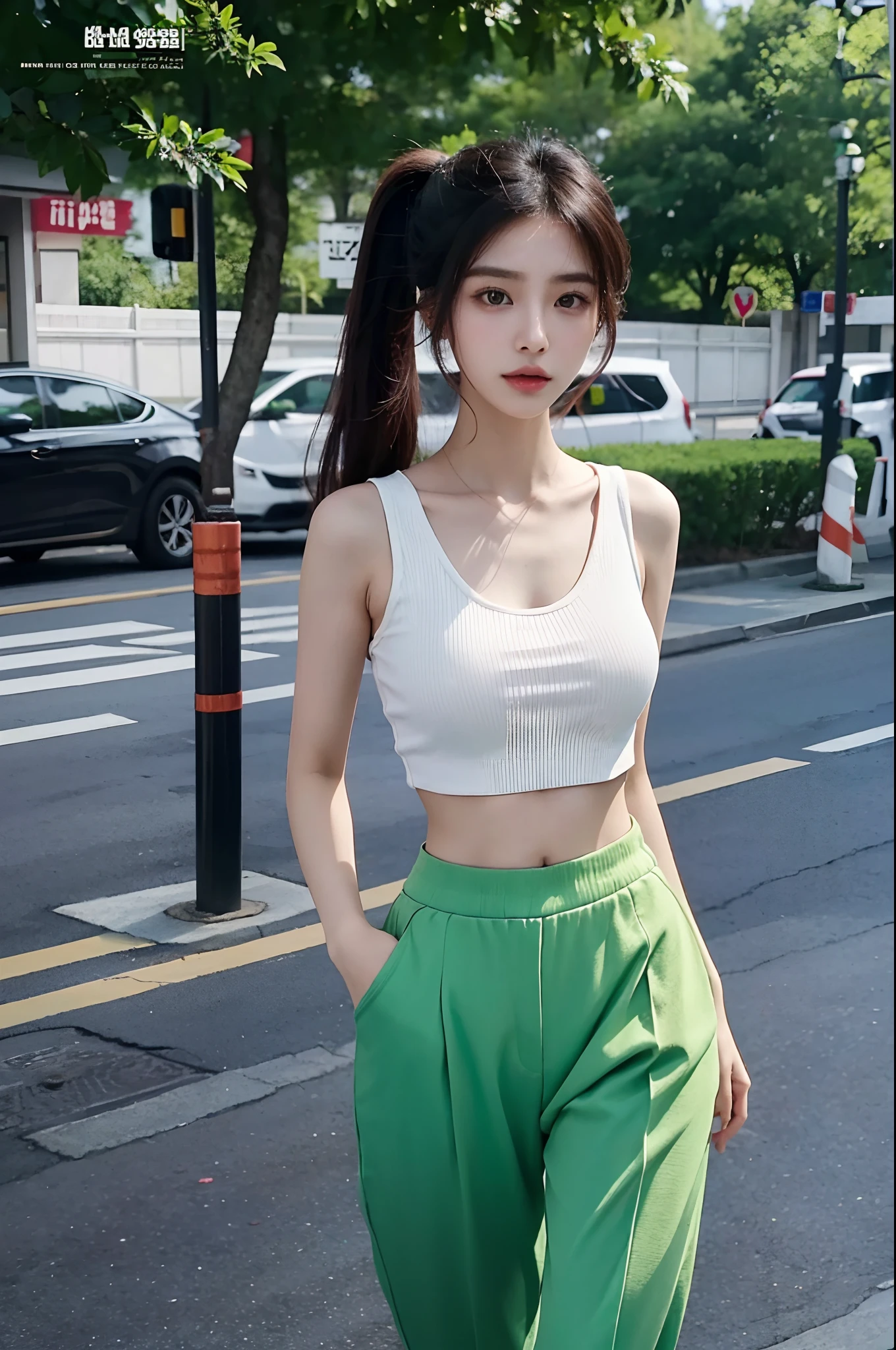 A close up of a woman in a white top and green pants - SeaArt AI