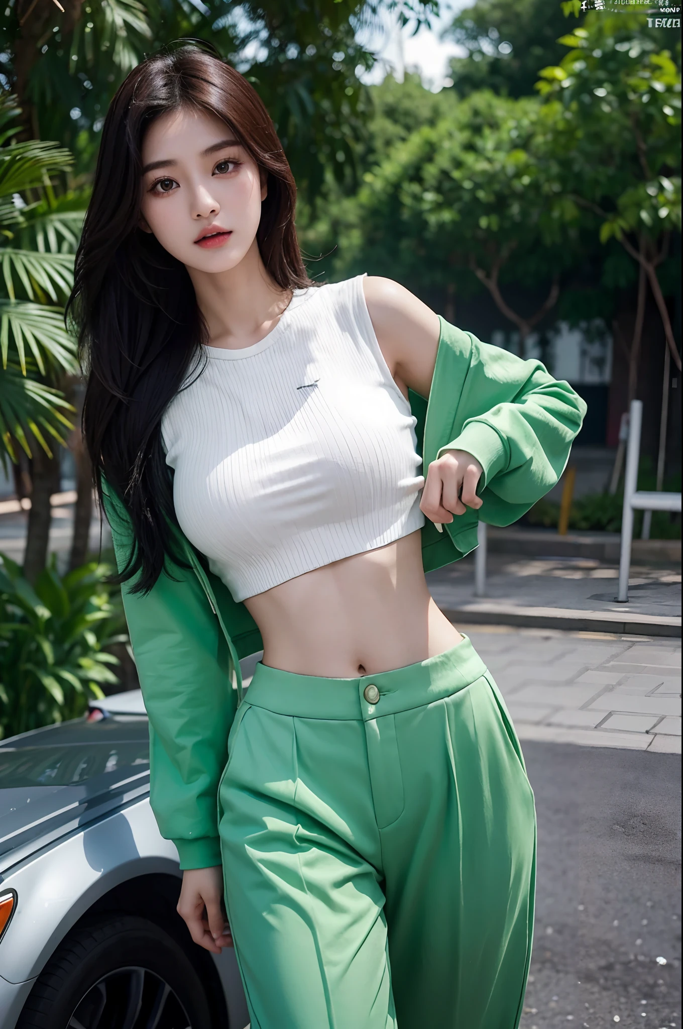 A woman in green pants and a white top posing for a picture - SeaArt AI