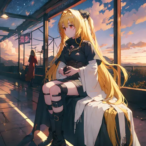 masterpiece, best quality, ultra-detailed, illustration, 1girl, solo, fantasy, flying, floating, Yami the Golden Darkness as a f...