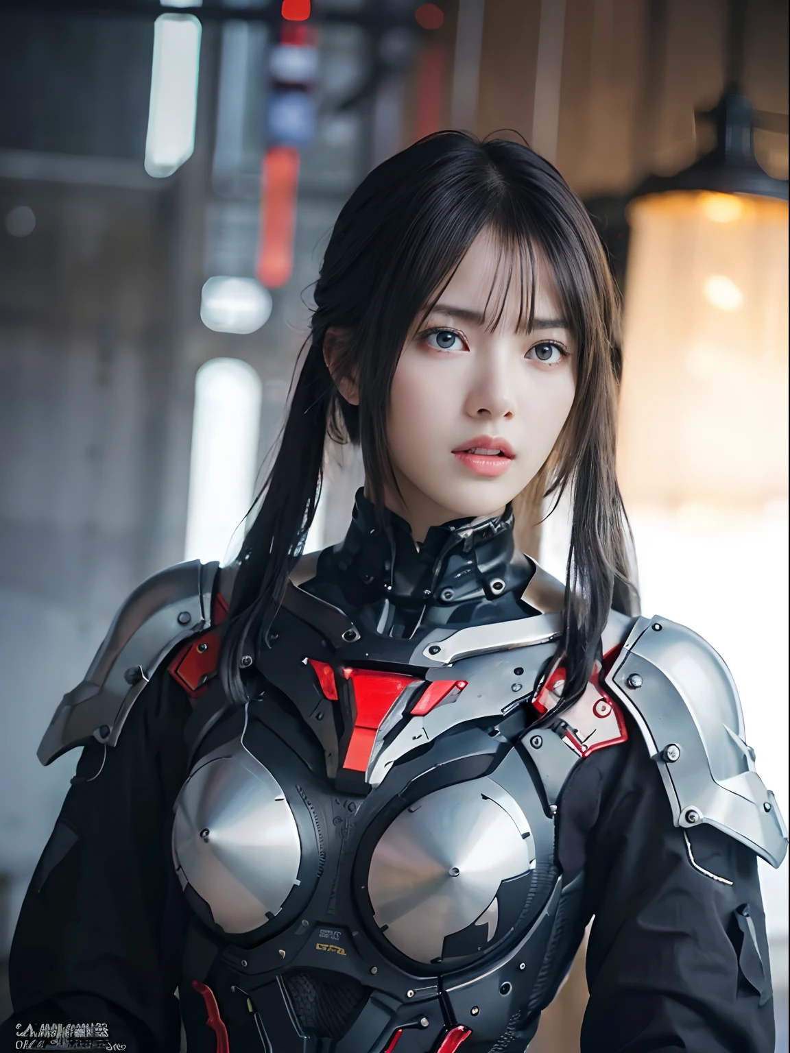 （Fight against mechanical robot soldiers）、top-quality、​masterpiece、超A high resolution、(sexypose),（Wearing a futuristic sun visor）、(Photorealsitic:1.4)、Raw photo、女の子1人、Black hair、glowy skin、((1 Mechanical Girl))、((super realistic details))、portlate、（Small LED lamp）、Wire tubes that glow all over the body、(With state-of-the-art weapons),globalillumination、Shadow、octan render、8K、Armpit、ultrasharp、Colossal tits、Small LED lamp、Raw skin is exposed in cleavage、metals、blood vessels connected to tubes、With weapons、Red bodysuit、Armpit、Cyberpunk city background、Details of complex ornaments、Japan details、highly intricate detail、Realistic light、CGSoation Trends、Blue eyes、radiant eyes、Facing the camera、neon details、（Helmet of the Brave）、Mechanical limbs、blood vessels connected to tubes、Mechanical vertebrae attached to the back、mechanical cervical attaching to neck、Wires and cables connecting to the head、Gundam、Small LED lamp、Toostock、Toostock、Futuristic machine gun、Knives、