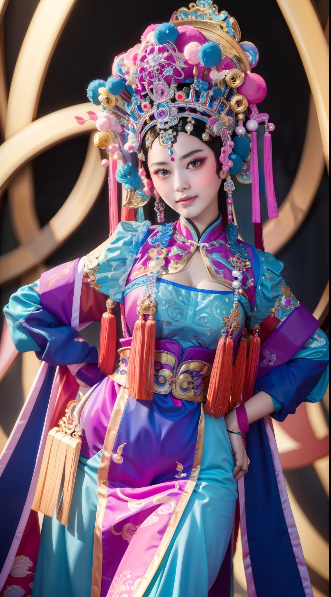 Masterpiece, Best quality, Masterpiece, Best quality, 1girll, beijing opera,tchibi，（tmasterpiece，top Quority，best qualtiy，offcial art，Beauty and aesthetics：1.2），（1girll：1.3），The is very detailed，（s fractal art：1.1），Most detailed，（ zentangle:1.2), full bodyesbian, (abstract backgrounds:1.3), (Shiny skin), (many color:1.4),