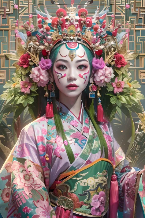 Woman in traditional Chinese clothing，Phoenix crown，Peking Opera masks，（tmasterpiece，top Quority，best qualtiy，offcial art，Beauty and aesthetics：1.2），（1girll：1.3），The is very detailed，（s fractal art：1.1），Most detailed，（ zentangle:1.2), full bodyesbian, (abs...
