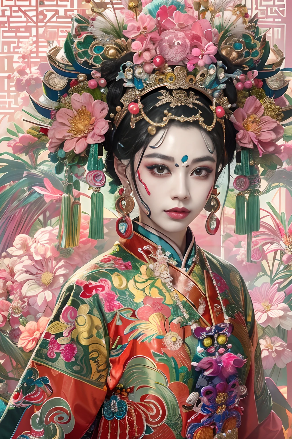 Woman in traditional Chinese clothing，Phoenix crown，Peking Opera masks，（tmasterpiece，top Quority，best qualtiy，offcial art，Beauty and aesthetics：1.2），（1girll：1.3），The is very detailed，（s fractal art：1.1），Most detailed，（ zentangle:1.2), full bodyesbian, (abstract backgrounds:1.3), (Shiny skin), (many color:1.4), ,(Earrings), (feater:1.5), inspired by Xie Huan, beijing opera, inspired by Chen Rong, flower mask, inspired by Wang Ximeng, inspired by Liu Jun, ruan jian, geisha mask, inspired by Zhang Wo, inspired by Wu Bin, Chinese art