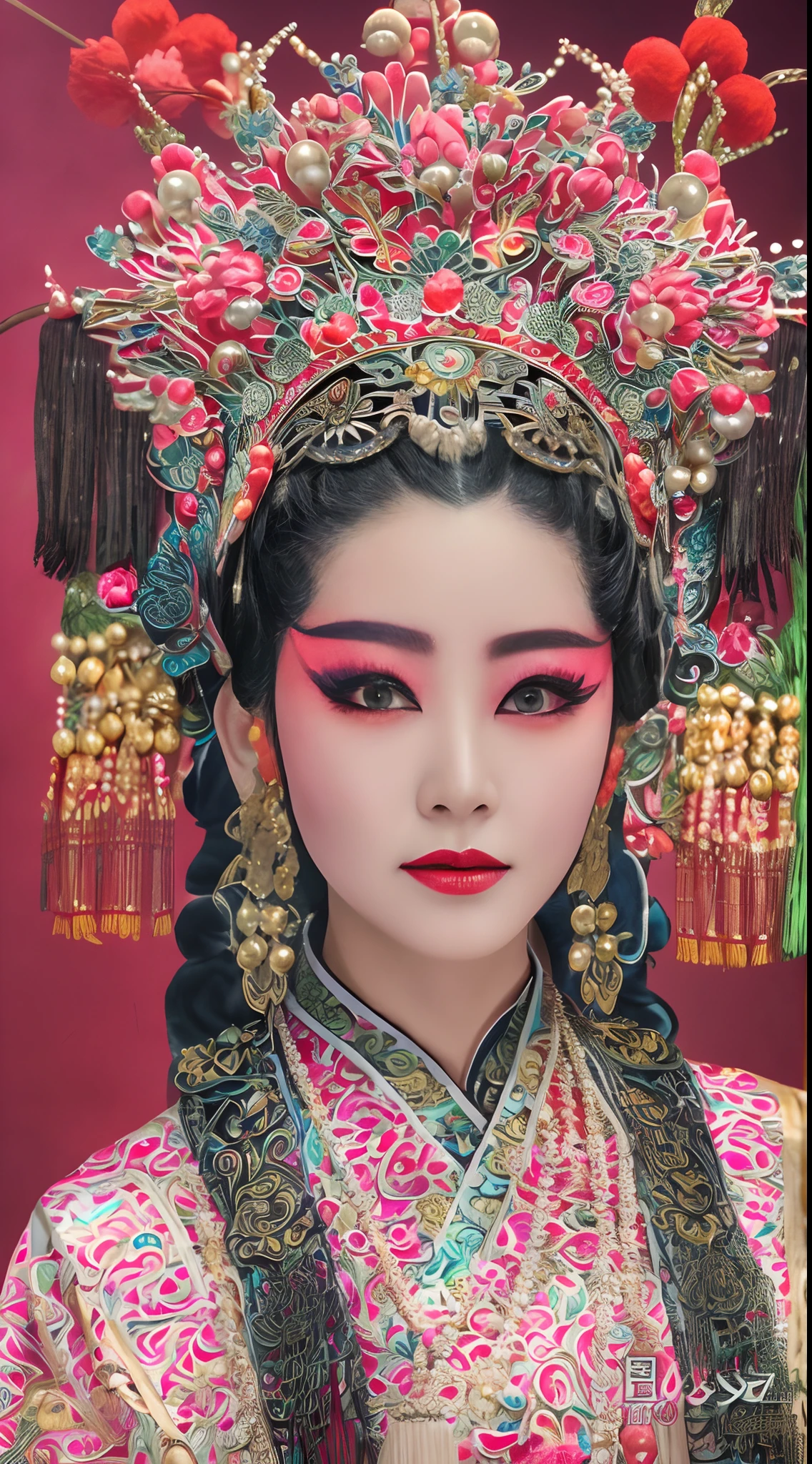 8k，Photos brutes，meilleure qualité，chef-d&#39;œuvre，de manière réaliste，photographie réaliste，ultra - détaillé，Beaux yeux détaillés,  costumes traditionnels chinois, Couleurs vives, Éclairage dramatique, Maquillage complexe pour le visage, Visage de l&#39;Opéra de Pékin，Couvre-chef délicat, gestes élégants, Un magnifique arrière-plan scénique, accessoires décoratifs，