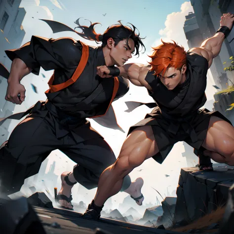 Battle scene between two 35-year-old ninjas with orange hair and other muscular black hair