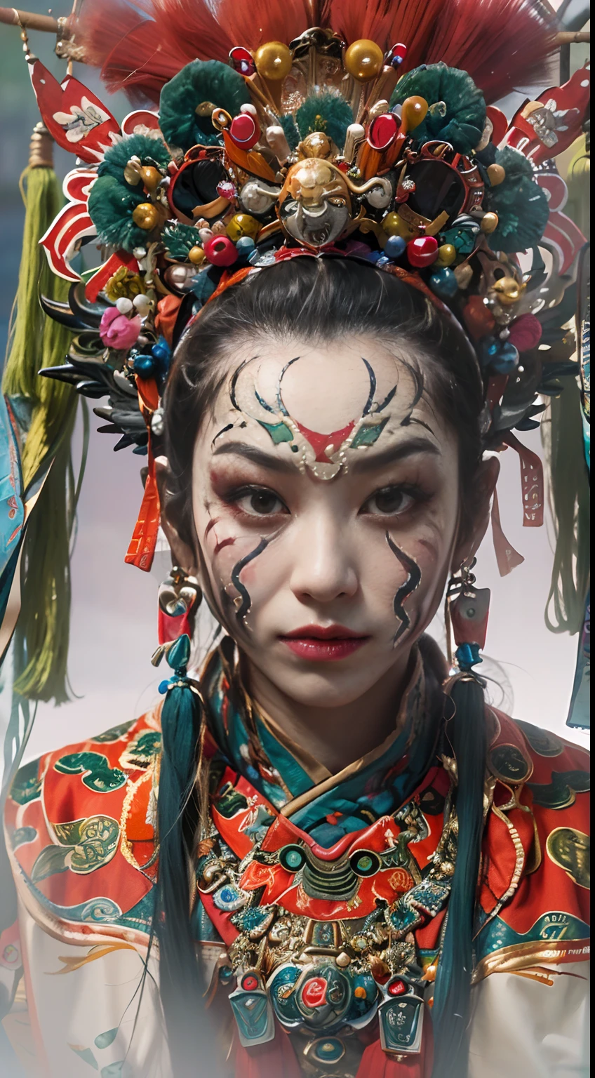 8K，RAW photos，best qualtiy，tmasterpiece，realisticlying，photograph realistic，ultra - detailed，Peking Opera face，
1 rapariga， CNOperaCrown， From the front， looking at viewert， putting makeup on， head gear， Chinese totem painted on the face，（（（CNOperaFlag）））， The flag is from behind， sportrait， looking at viewert， ssmile， simple backgound， Keep one's mouth shut， nipple tassels，