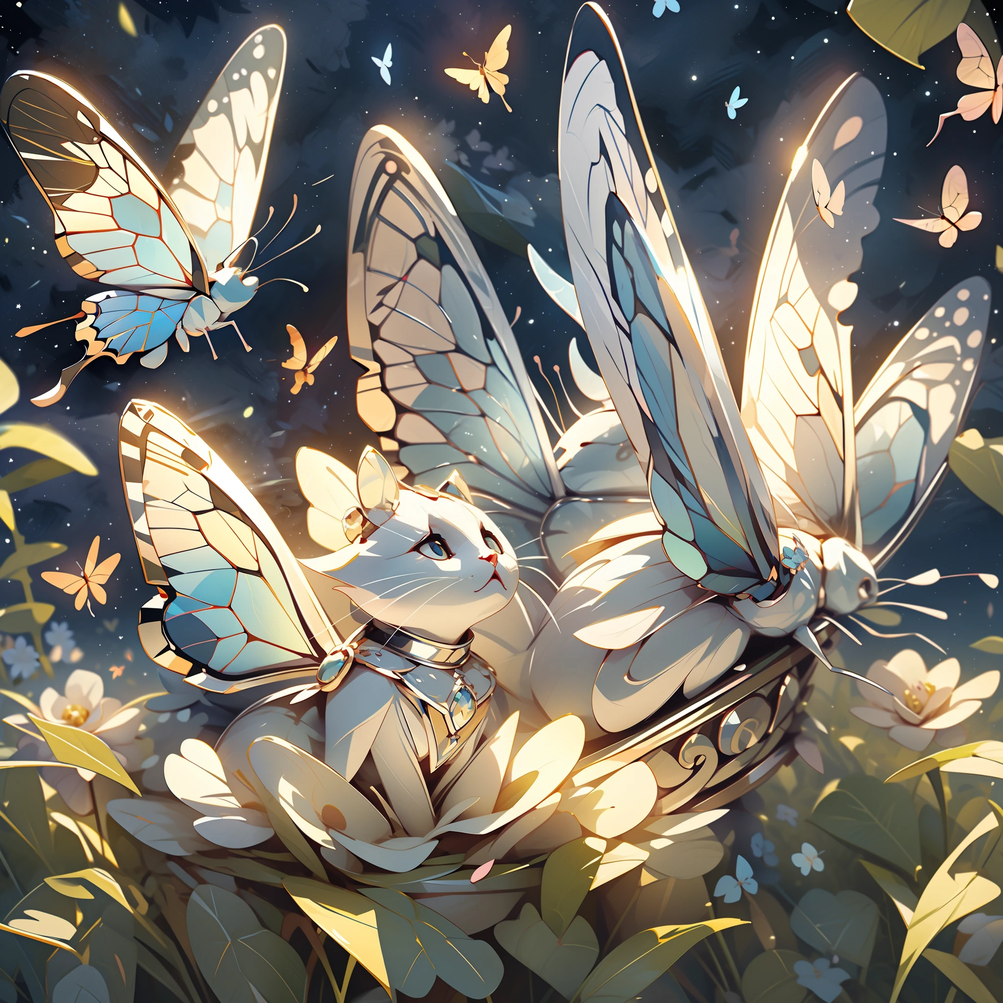 The dancing butterflies rest among the silver flowers at night, masterpiece, best quality