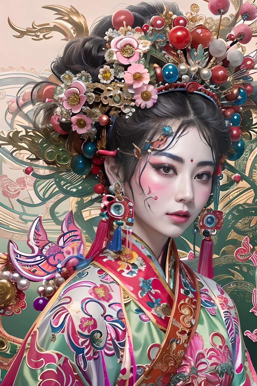 Mujer en ropa tradicional china，corona de fénix，Festival de fantasmas chinos，（obra maestra，calidad superior，la mejor calidad，arte oficial，Belleza y Estética：1.2），（1 chica：1.3），el es muy detallado，（s fractal art：1.1），Más detallado，（ zentangle:1.2), cuerpo completoesbiano, (fondos abstractos:1.3), (piel brillante), (muchos colores:1.4), ,(pendientes), (hazaña:1.5), inspirado en Xie Huan, ópera de pekín, inspirado por Chen Rong, máscara de flores, inspirado en Wang Ximeng, inspirado en Liu Jun, ruan jian, máscara de geisha, inspirado en Zhang Wo, inspirado en Wu Bin, arte chino