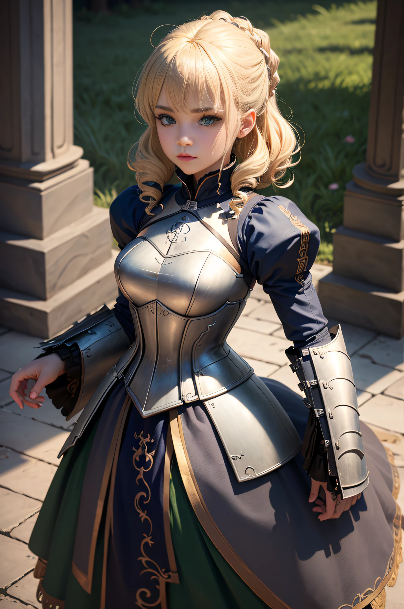 1girl, masterpiece, best quality, 8k, detailed skin texture, detailed cloth texture, beautiful detailed face, intricate details, ultra detailed, a european girl, green eyes, blonde curly hai, 3D character, Medieval Knight