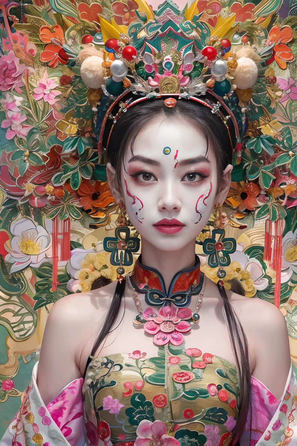 Mulher com roupas tradicionais chinesas，Coroa de Fênix，Festival Fantasma Chinês，（obra-prima，Quoridade superior，melhor qualidade，arte oficial，Beleza e Estética：1.2），（1 menina：1.3），O é muito detalhado，（arte fractal：1.1），Mais detalhado，（ emaranhado:1.2), corpo inteiro lésbica, (fundos abstratos:1.3), (pele brilhante), (muitas cores:1.4), ,(brincos), (artista:1.5), inspirado em Xie Huan, ópera de Pequim, inspirado em Chen Rong, máscara de flor, inspirado por Wang Ximeng, inspirado em Liu Jun, Ruan Jian, máscara de gueixa, inspirado em Zhang Wo, inspirado em Wu Bin, Arte chinesa