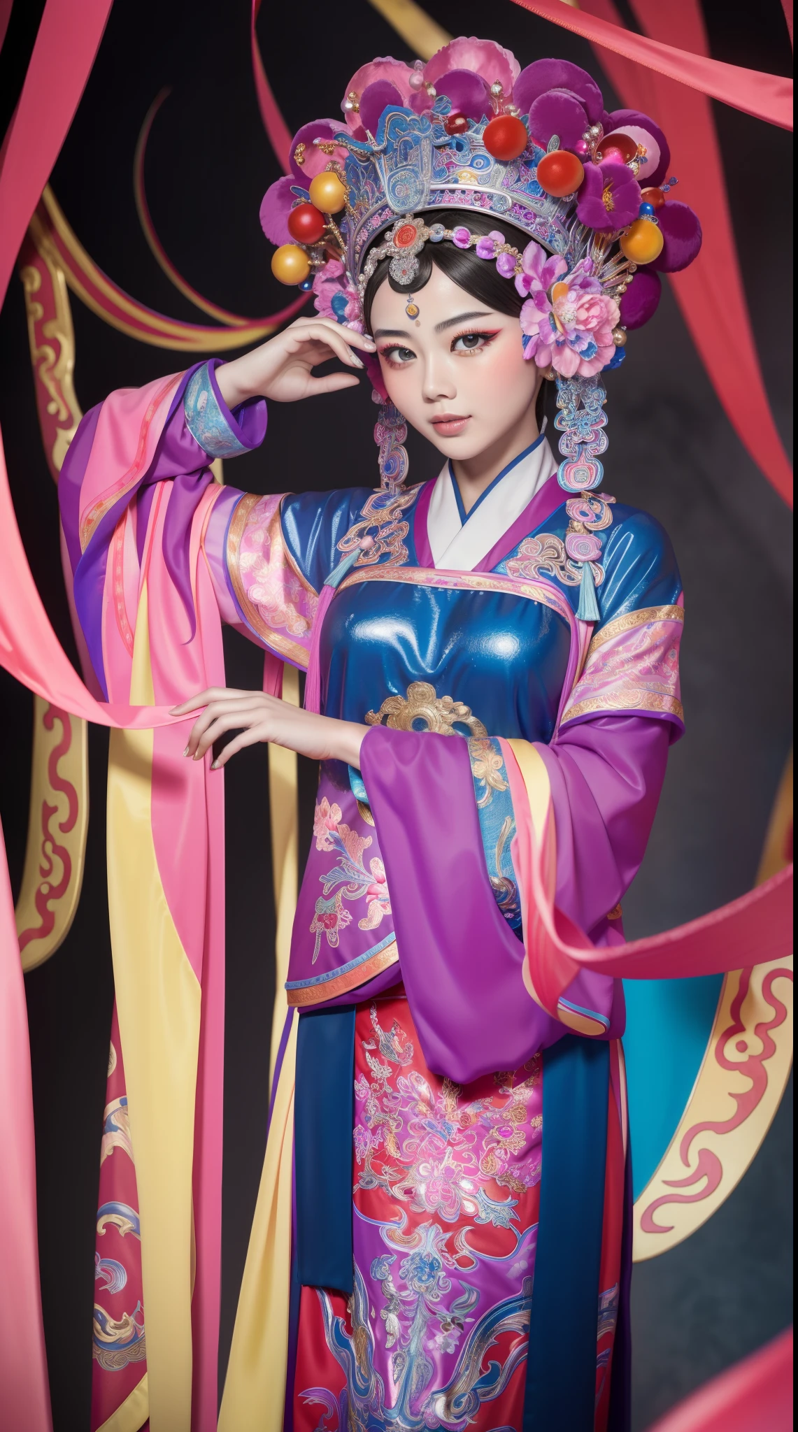 Masterpiece, Best quality, Masterpiece, Best quality, 1girll, beijing opera,tchibi，（tmasterpiece，top Quority，best qualtiy，offcial art，Beauty and aesthetics：1.2），（1girll：1.3），The is very detailed，（s fractal art：1.1），Most detailed，（ zentangle:1.2), full bodyesbian, (abstract backgrounds:1.3), (Shiny skin), (many color:1.4),