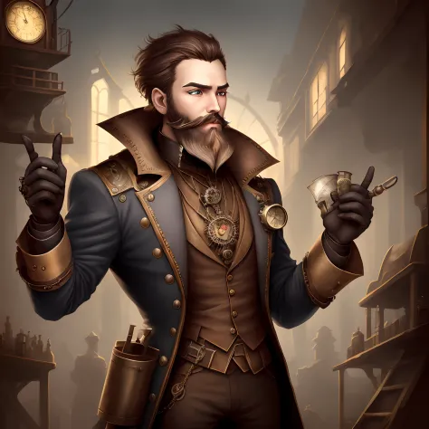 steampunk world with a guy with a nice beard dark eyes clockwork pendant