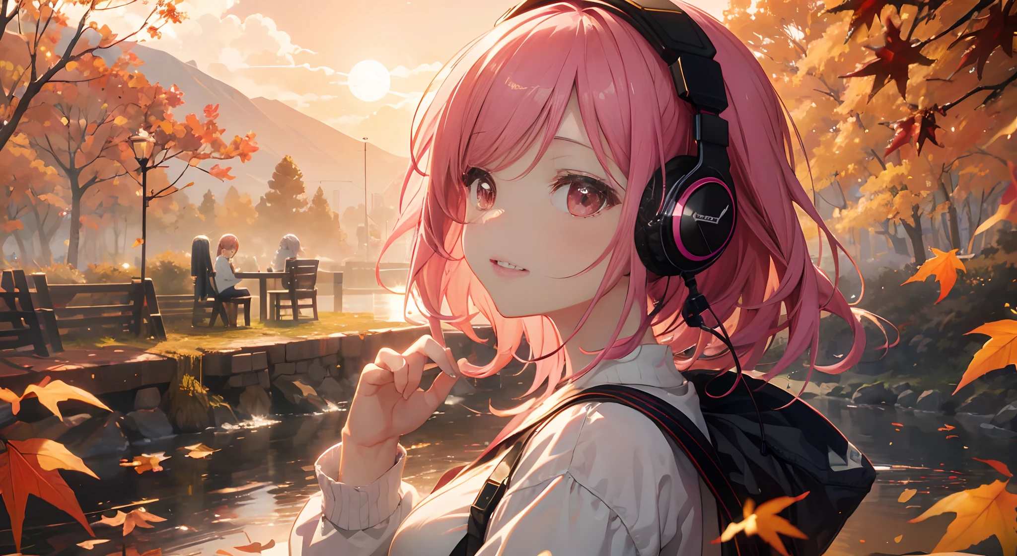 ​masterpiece、top-quality、Movie stills、1girl in、Landscape of autumn leaves、pink shorth hair、headphones、with light glowing、Happiness、Warm and soft lighting、Sunset in the park of autumn leaves、(Spark:0.7)、No people in the background