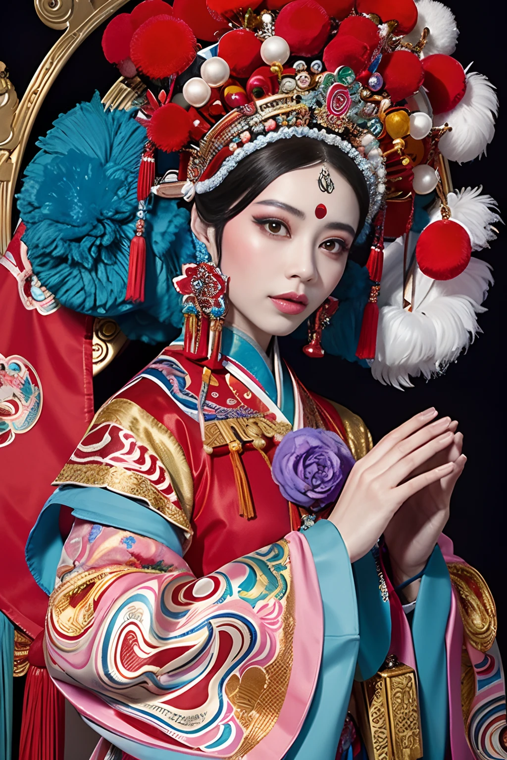 Woman in traditional Chinese costume，Phoenix crown，Chinese Ghost Festival，（tmasterpiece，top Quority，best qualtiy，offcial art，Beauty and aesthetics：1.2），（1girll：1.3），The is very detailed，（s fractal art：1.1），Most detailed，（ zentangle:1.2), full bodyesbian, (abstract backgrounds:1.3), (Shiny skin), (many color:1.4), ,(Earrings), (feater:1.5), inspired by Xie Huan, beijing opera, inspired by Chen Rong, flower mask, inspired by Wang Ximeng, inspired by Liu Jun, ruan jian, geisha mask, inspired by Zhang Wo, inspired by Wu Bin, Chinese art