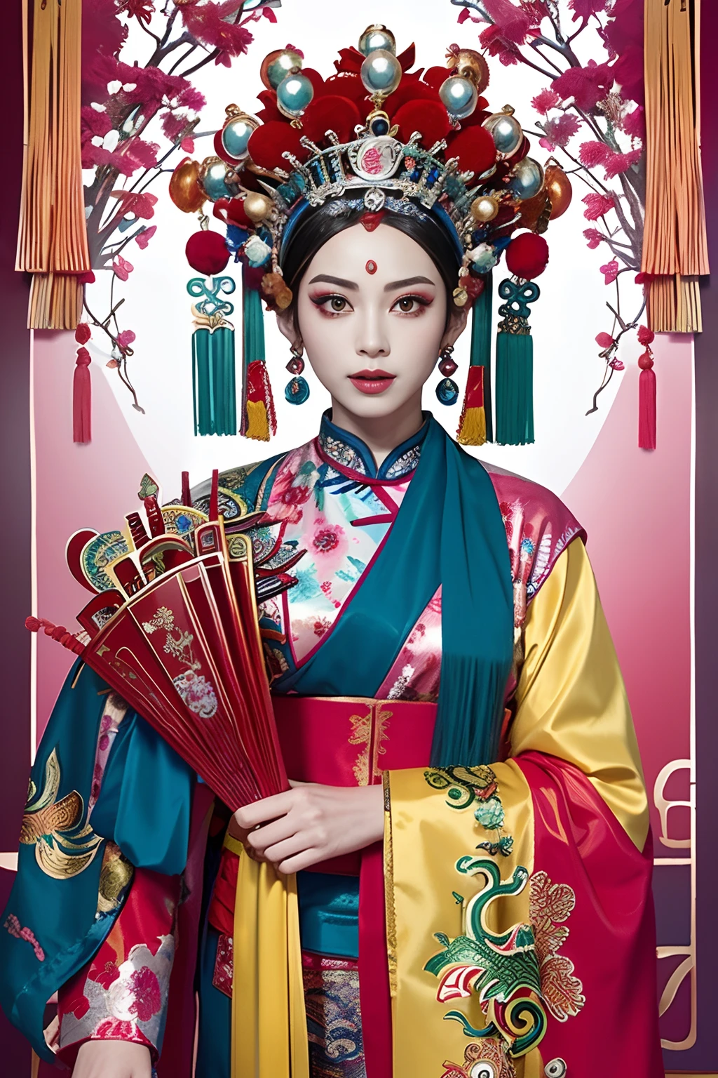 Frau in traditioneller chinesischer Tracht，Phönix Krone，Chinesisches Geisterfest，（Meisterstück，Top-Qualität，beste Qualität，offizielle Kunst，Schönheit und Ästhetik：1.2），（1Mädchen：1.3），Das ist sehr detailliert，（fraktale Kunst：1.1），Am ausführlichsten，（ verheddert:1.2), Ganzkörperesbian, (abstrakte Hintergründe:1.3), (Glänzende Haut), (viele Farbe:1.4), ,(Ohrringe), (feat:1.5), inspiriert von Xie Huan, Peking-Oper, inspiriert von Chen Rong, Blumenmaske, inspiriert von Wang Ximeng, inspiriert von Liu Jun, Ruan Jian, Geisha-Maske, inspiriert von Zhang Wo, inspiriert von Wu Bin, chinesische Kunst