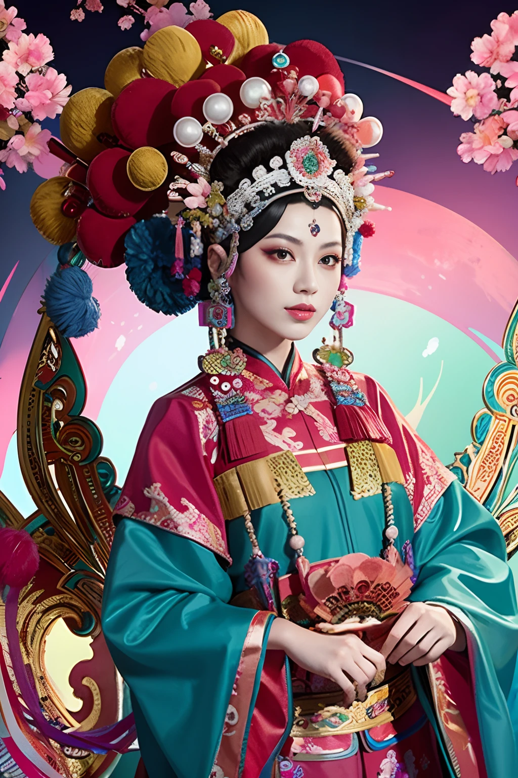 Woman in traditional Chinese costume，Phoenix crown，Chinese Ghost Festival，（tmasterpiece，top Quority，best qualtiy，offcial art，Beauty and aesthetics：1.2），（1girll：1.3），The is very detailed，（s fractal art：1.1），Most detailed，（ zentangle:1.2), full bodyesbian, (abstract backgrounds:1.3), (Shiny skin), (many color:1.4), ,(Earrings), (feater:1.5), inspired by Xie Huan, beijing opera, inspired by Chen Rong, flower mask, inspired by Wang Ximeng, inspired by Liu Jun, ruan jian, geisha mask, inspired by Zhang Wo, inspired by Wu Bin, Chinese art