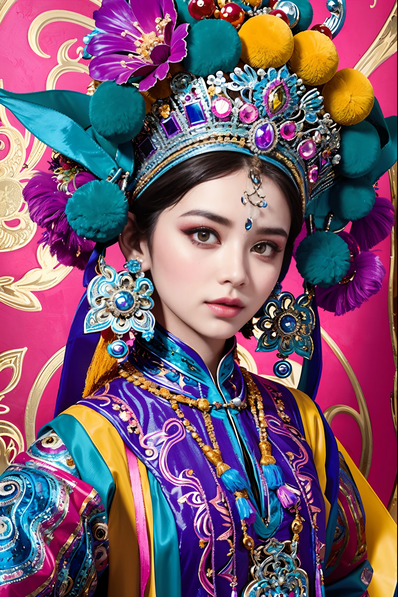 Beautiful detailed eyes, traditionalcostumes, Vivid colors, Dramatic lighting, Complex facial makeup, Delicate headgear, Elegant gestures, A gorgeous stage background, Decorative accessories，（tmasterpiece，top Quority，best qualtiy，offcial art，Beauty and aesthetics：1.2），（1girll：1.3），The is very detailed，（s fractal art：1.1），Most detailed，（ zentangle:1.2), full bodyesbian, (abstract backgrounds:1.3), (Shiny skin), (many color:1.4), ,(Earrings), (feater:1.5),