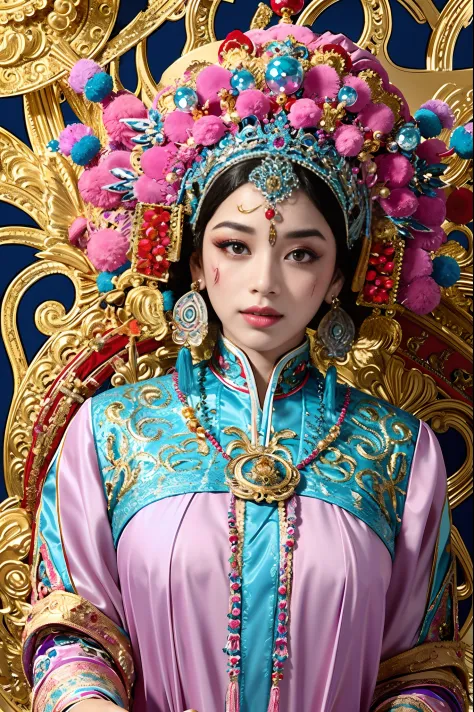 Beautiful detailed eyes, traditionalcostumes, Vivid colors, Dramatic lighting, Complex facial makeup, Delicate headgear, Elegant...