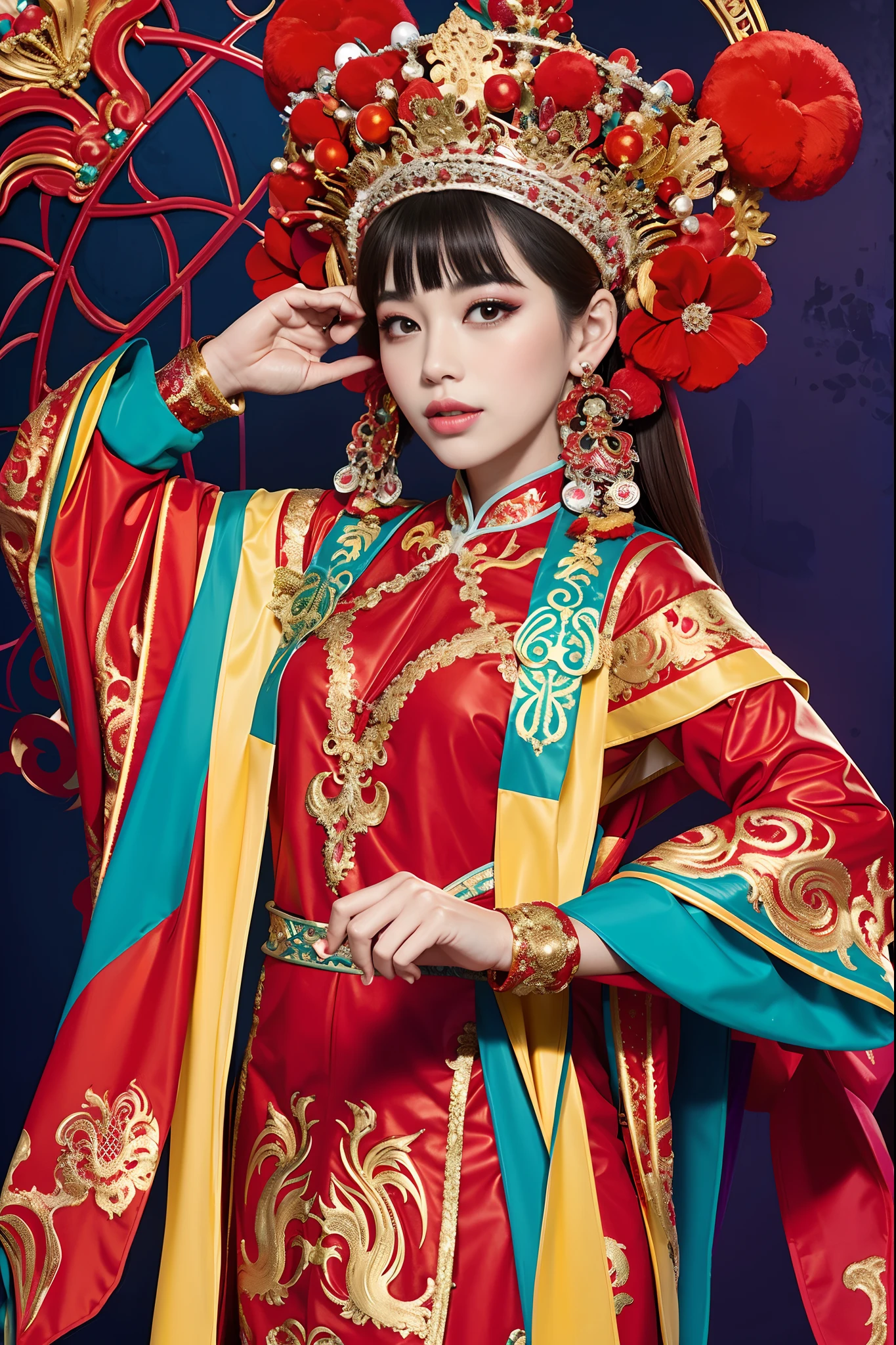 A woman in a red and gold Chinese dress，Phoenix crown，a chinese wedding，（tmasterpiece，top Quority，best qualtiy，offcial art，Beauty and aesthetics：1.2），（1girll：1.3），The is very detailed，（s fractal art：1.1），Most detailed，（ zentangle:1.2), full bodyesbian, (abstract backgrounds:1.3), (Shiny skin), (many color:1.4), ,(Earrings), (feater:1.5),