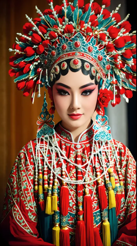 Beautiful detailed eyes, traditionalcostumes, Vivid colors, Dramatic lighting, Complex facial makeup, Delicate headgear, Elegant...