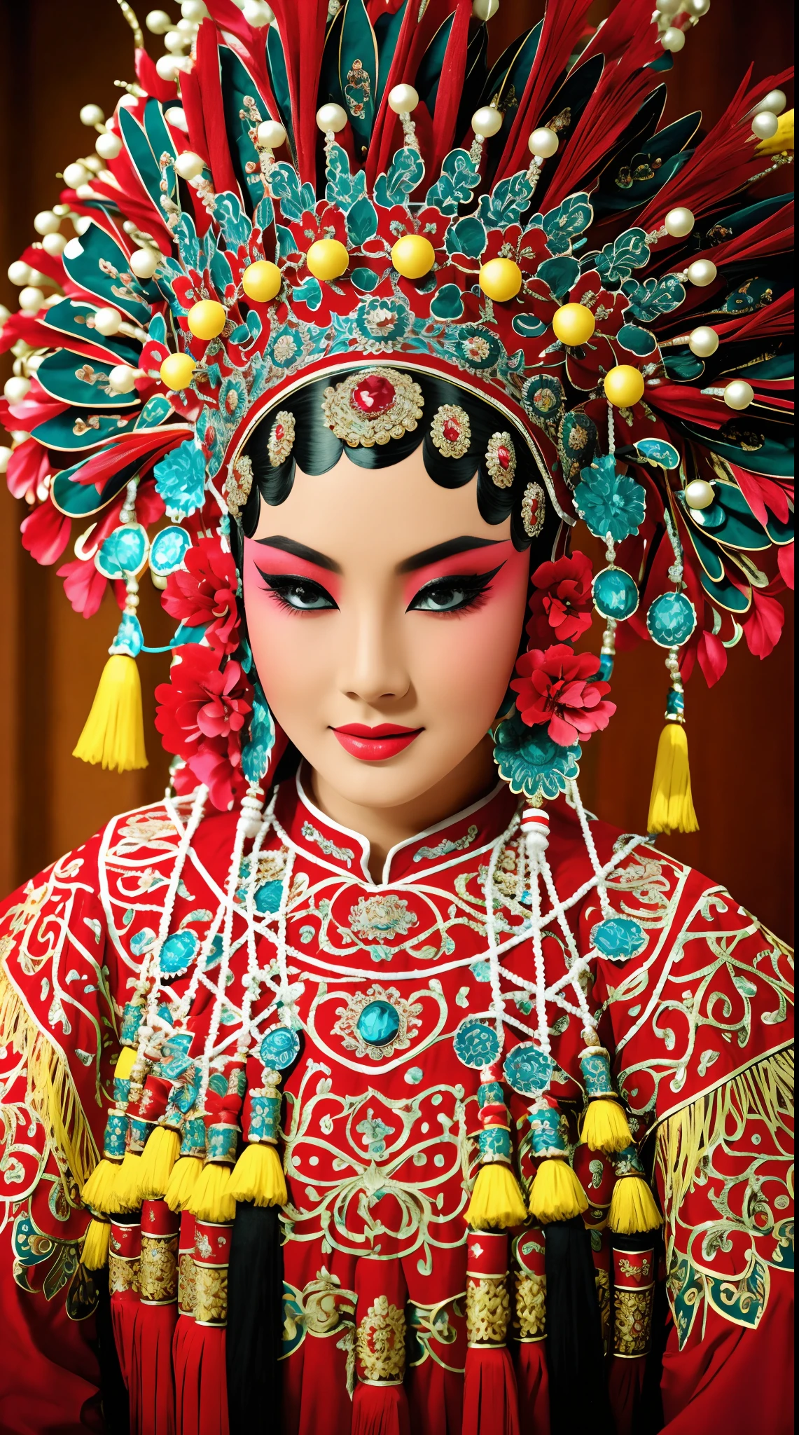 Beautiful detailed eyes, traditionalcostumes, Vivid colors, Dramatic lighting, Complex facial makeup, Delicate headgear, Elegant gestures, A gorgeous stage background, Decorative accessories