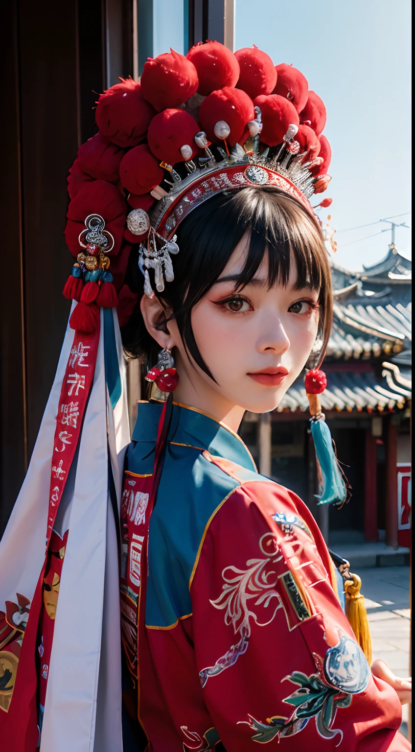 8K，RAW photos，best qualtiy，tmasterpiece，realisticlying，photograph realistic，ultra - detailed，Peking Opera face，
1 rapariga， CNOperaCrown， From the front， looking at viewert， putting makeup on， head gear， Chinese totems are painted on the face，（（（CNOperaFlag）））， The flag is from behind， sportrait， looking at viewert， ssmile， simple backgound， Keep one's mouth shut， nipple tassels，