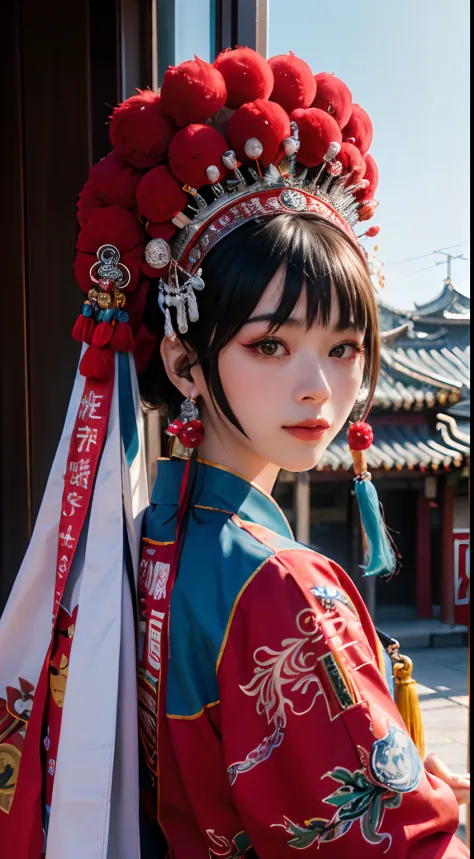 8K，RAW photos，best qualtiy，tmasterpiece，realisticlying，photograph realistic，ultra - detailed，Peking Opera face，
1 rapariga， CNOperaCrown， From the front， looking at viewert， putting makeup on， head gear， Chinese totems are painted on the face，（（（CNOperaFla...