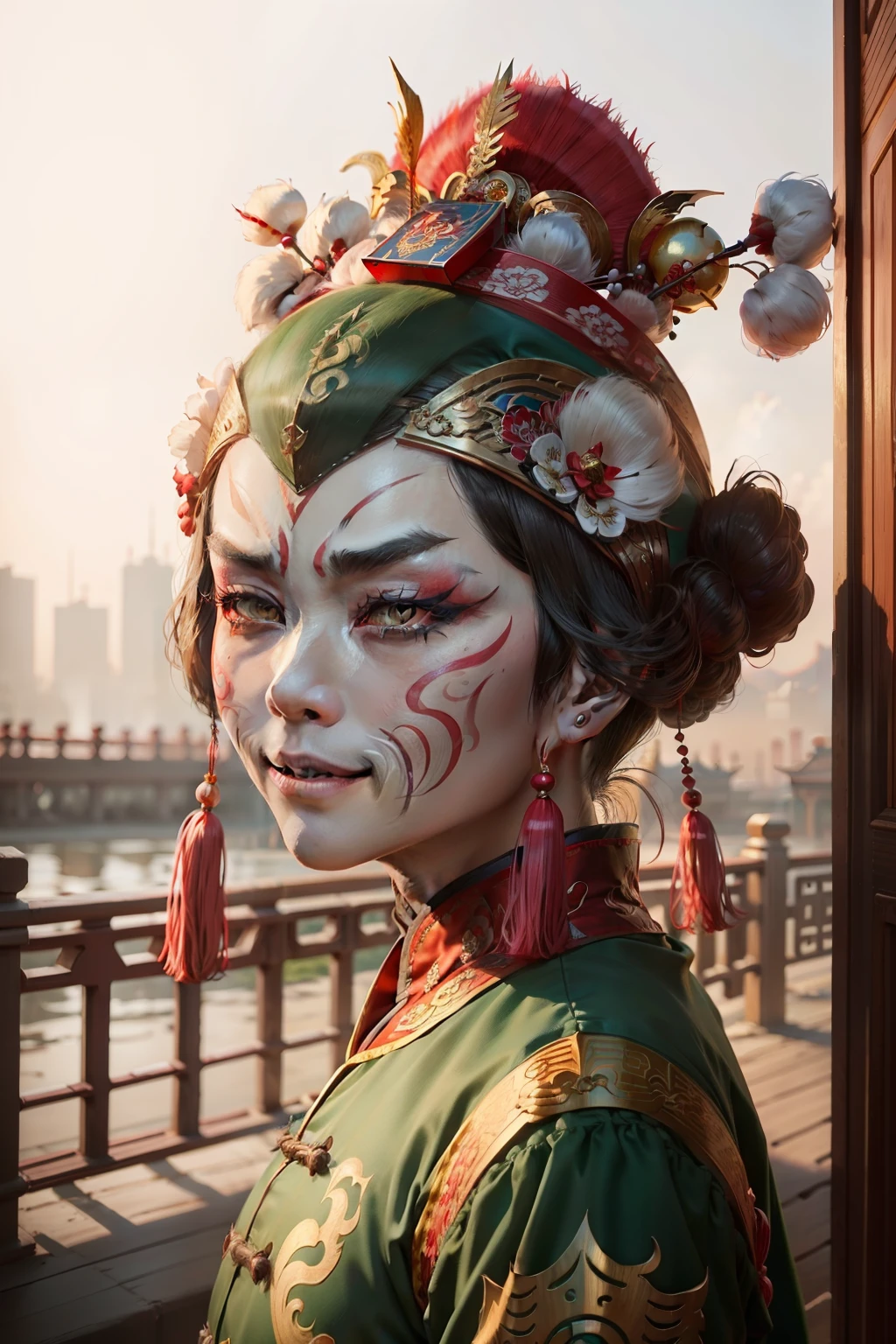Cara de la Ópera de Pekín，Maquillaje facial para la Ópera de Pekín，retrato deportivo， mirando al espectador， sonríe， fondo sencillo， Mantener la boca cerrada，