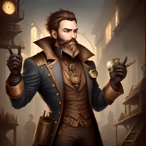 steampunk world with a guy with a nice beard dark eyes clockwork pendant